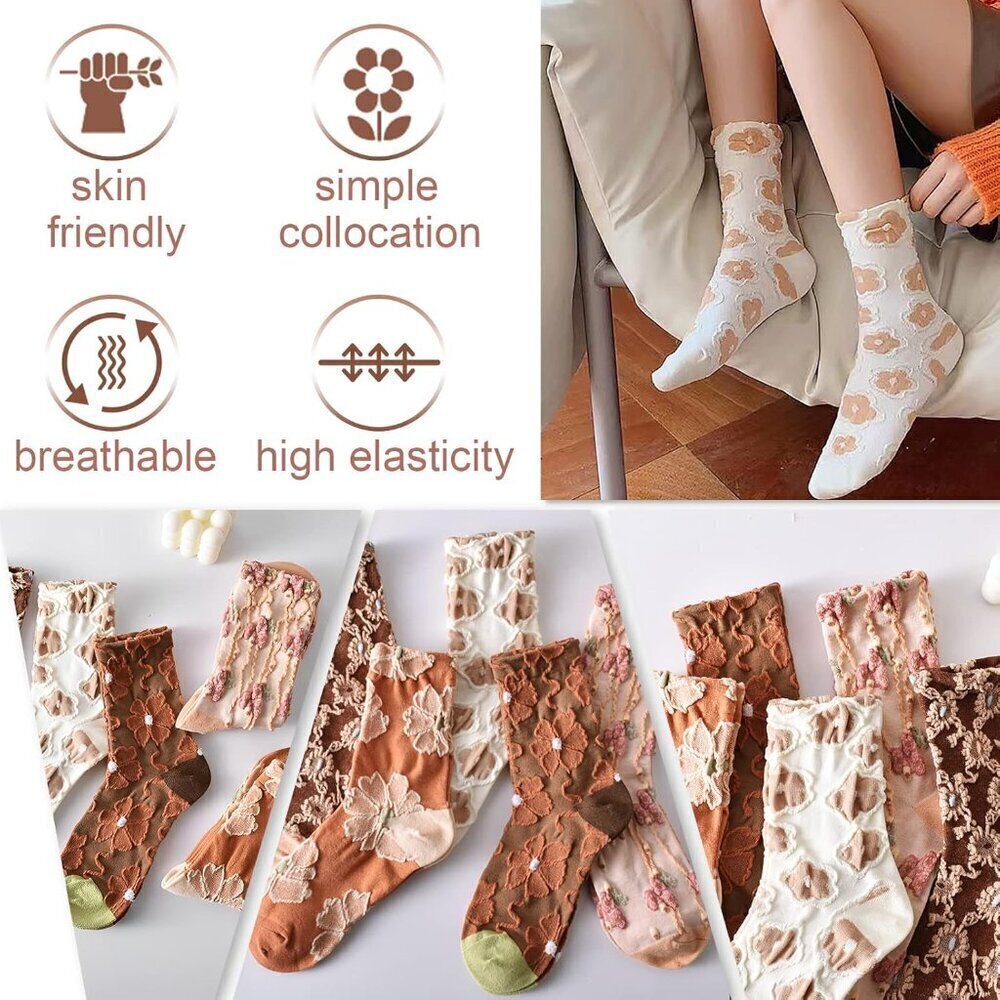 ❤️ Womens Cute Floral Socks Vintage Embroidered Frilly Floral Socks Kawaii Girly - Picture 3 of 7